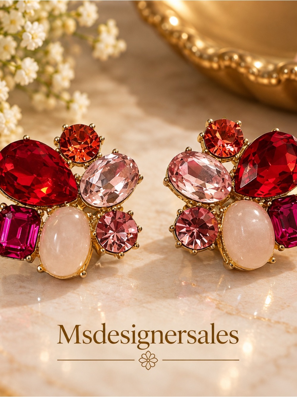 Gold-Plated Multi-Stone Drop Earrings - Red & Pink